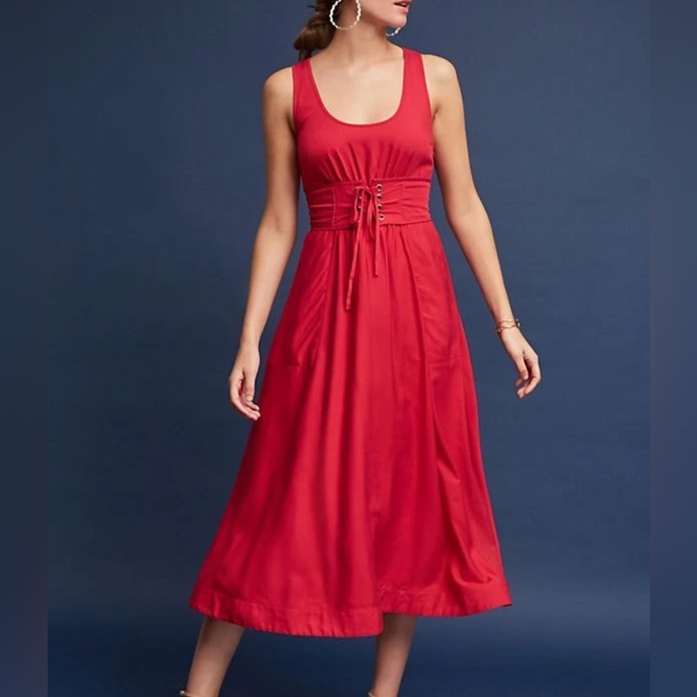 Anthropologie Corseted Midi Dress by Plenty by Tracy Reese‎ Sz 8 in Lipstick Red